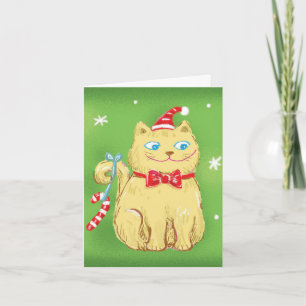 Schattige Cartoon Kerstkat met Sinterklaashoed Feestdagen Kaart