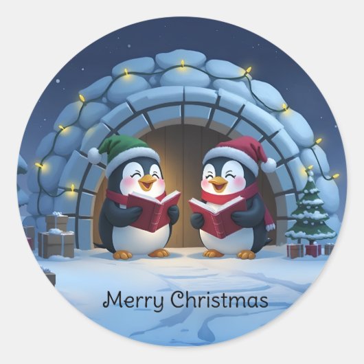 Schattige Cartoon Kerstliedjes zingende Pinguïns Ronde Sticker (Voorkant)