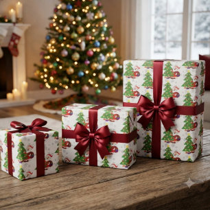 Schattige Cartoon Kerstman en Kerstboom Kinderen Cadeaupapier