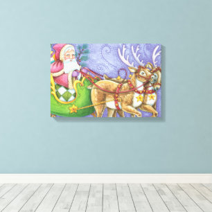 Schattige Cartoon Kerstman slee Klaas slee rendier Canvas Afdruk