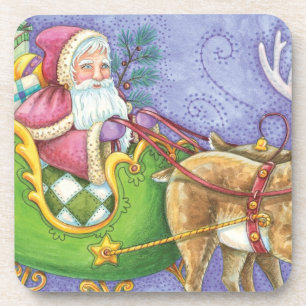 Schattige Cartoon Kerstman slee Santa Claus rendie Drankjes Onderzetter