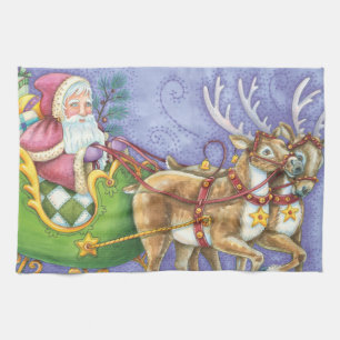 Schattige Cartoon Kerstman slee van rendieren Theedoek