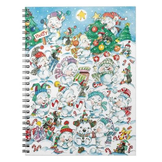 Schattige Cartoon Kerstpoolbeer Pinguïn Feestje Notitieboek (Voorkant)