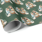 Schattige Cartoon Kerststal | Groen Damast Patroon Cadeaupapier (Rol Hoek)