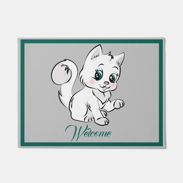 Schattige Cartoon Kitten Cat Personaliseer Welkom Deurmat (Voorkant)