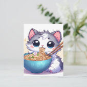 Schattige Cartoon Kitten eten Ramen Noodles Briefkaart (Staand voorkant)