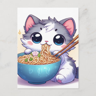 Schattige Cartoon Kitten eten Ramen Noodles Briefkaart