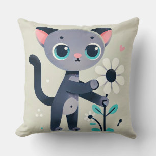 Schattige Cartoon Kitten met een Bloem, Kussen