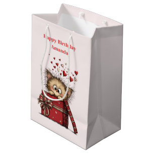 Schattige Cartoon Kitten met Hartjes Verjaardag Medium Cadeauzakje