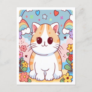 Schattige Cartoon Kitty Kat, Bloemen, Regenbogen Briefkaart
