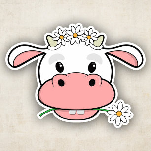 Schattige Cartoon Koe die een Madeliefje Kauwt K Sticker