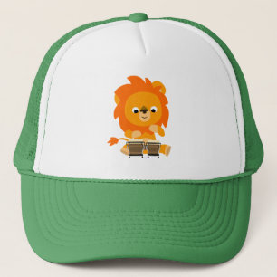 Schattige Cartoon Leeuw die op Bongo's Speelt Truc Trucker Pet