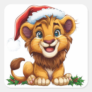 Schattige cartoon leeuwenwelp met een kerstmuts vierkante sticker