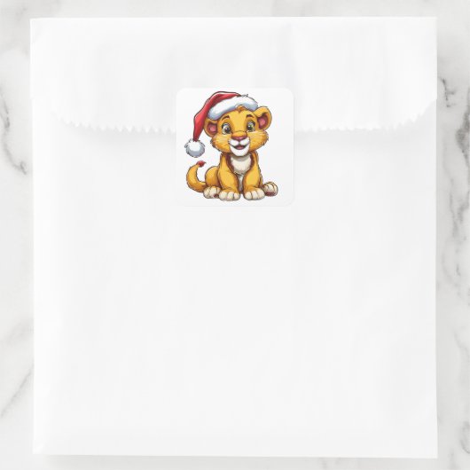 Schattige Cartoon Lion Cub met een Santa Hat Vierkante Sticker (Tas)