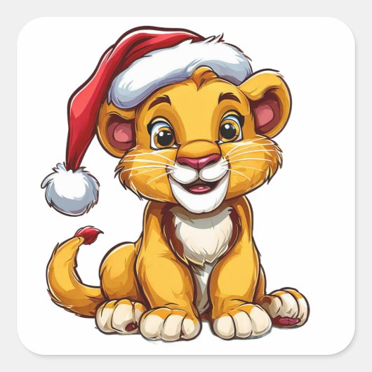Schattige Cartoon Lion Cub met een Santa Hat Vierkante Sticker (Voorkant)