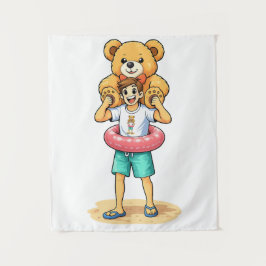 Schattige Cartoon Man met Reusachtige Teddybeer Zo Wandkleed
