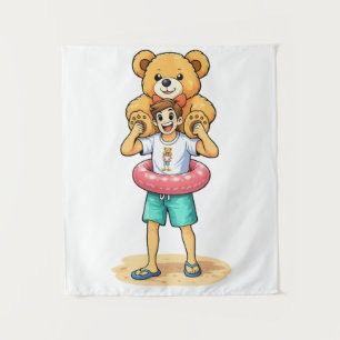 Schattige Cartoon Man met Reusachtige Teddybeer Zo Wandkleed
