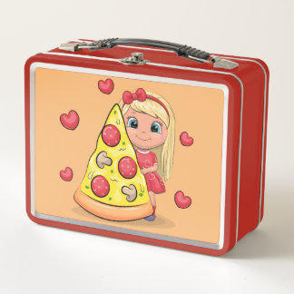 Schattige cartoon meisje met een groot stuk pizza.