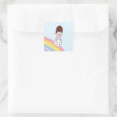 Schattige Cartoon Meisje op Rainbow w Marshmallow  Vierkante Sticker (Tas)