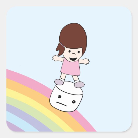 Schattige Cartoon Meisje op Rainbow w Marshmallow  Vierkante Sticker (Voorkant)