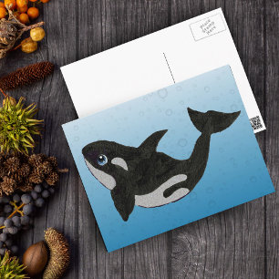 Schattige Cartoon Moordwalvis op Blauwe Waterbelle Briefkaart