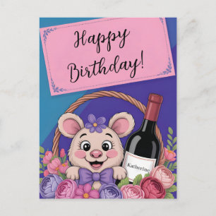 Schattige Cartoon Muis in Bloemstuk met Wijn Briefkaart