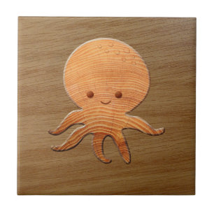 Schattige Cartoon Octopus Met Nep Houtprint Tegeltje