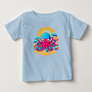 Schattige Cartoon Octopus Op Zonnig Strand Met Sch