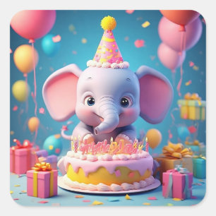 Schattige Cartoon Olifant die Verjaardag Viert Vierkante Sticker