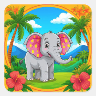 🐘 Schattige Cartoon Olifant Jungle Dier Vierkante Sticker