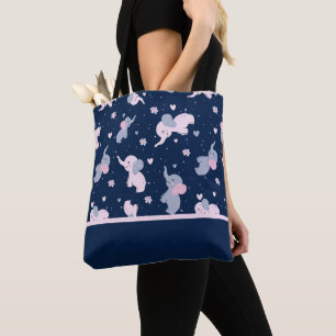 Schattige cartoon olifantenpatroon op marineblauw tote bag