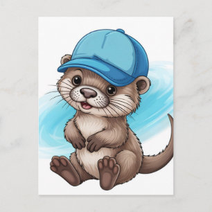 Schattige Cartoon Otter met een Blauwe Honkbalpet Briefkaart