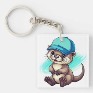 Schattige Cartoon Otter met een Blauwe Honkbalpet Sleutelhanger