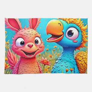 Schattige Cartoon Papegaai Konijn Kunst Theedoek