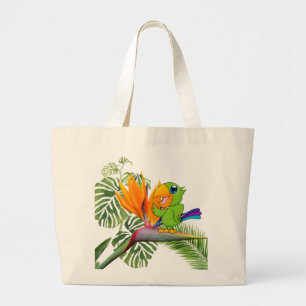 Schattige Cartoon Parrot, Caudata, Palm Leaves Grote Tote Bag