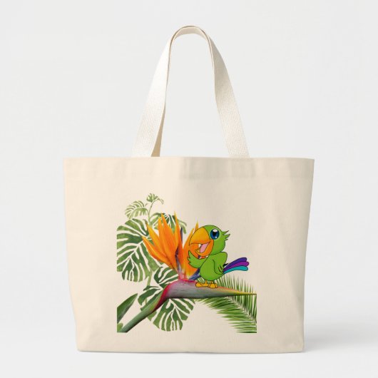 Schattige Cartoon Parrot, Caudata, Palm Leaves Grote Tote Bag (Voorkant)