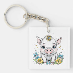 Schattige Cartoon Pig in Flowers Gepersonaliseerd Sleutelhanger