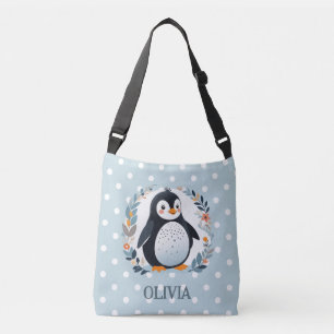 Schattige Cartoon Pinguïn en Bloemen Crossbody Tas