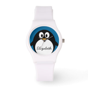 schattige cartoon pinguïn met blauwe achtergrond horloge