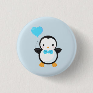 Schattige cartoon pinguïn met blauwe hartballon ronde button 3,2 cm