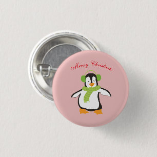Schattige Cartoon Pinguïn met Groene Sjaal en Oorb Ronde Button 3,2 Cm