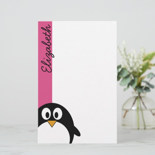 schattige cartoon pinguïn roze en zwart briefpapier (Staand voorkant)