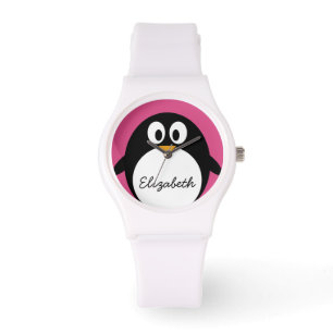 schattige cartoon pinguïn roze en zwart horloge