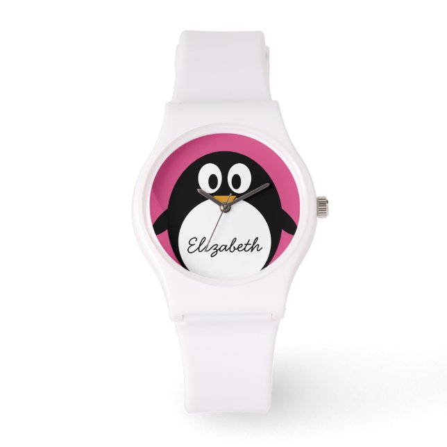 schattige cartoon pinguïn roze en zwart horloge (Voorkant)
