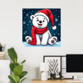 Schattige Cartoon Polar Beer in Santa Hat Poster (Thuiskantoor)