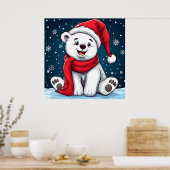 Schattige Cartoon Polar Beer in Santa Hat Poster (Keuken)