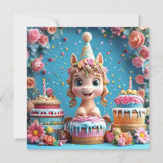 Schattige Cartoon Pony viert verjaardag Kaart (Voorkant)