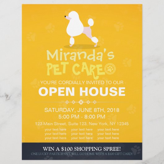Schattige Cartoon Poodle Dog Pet Shop Open House Flyer (Voorkant)