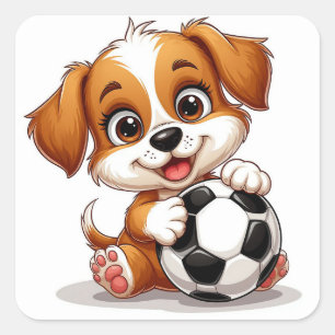 Schattige Cartoon Puppy met Voetbal Vierkante Sticker