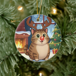 Schattige Cartoon Rendier Kitty Rudolph Kat Kerstm Keramisch Ornament